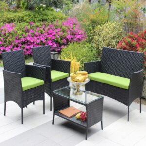 4PC Rattan Patio Furniture Set Outdoor Wicker Sofa W  Green Cushions - Image 6