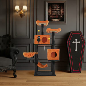 Halloween Cat Tree, Large Cat Tower With 2 Spacious Cat Condos, 2 Padded Perches, 2 Hammocks, Scratching Posts, Hanging Toy, Multi-Level Cat Activities Furniture For Large Cats, Orange & Black - Image 5
