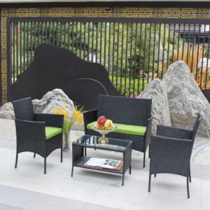 4PC Rattan Patio Furniture Set Outdoor Wicker Sofa W  Green Cushions - Image 2