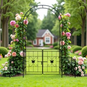 Garden Arch Arbor Trellis For Climbing Plants With Gate, Durable Metal Garden Arch Outdoor Wedding Arch, For Wedding Ceremony Party Plant Climbing Rose Vines Lawn Courtyard Patio Black, 7.15ft - Image 8