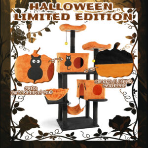 Halloween Cat Tree, Large Cat Tower With 2 Spacious Cat Condos, 2 Padded Perches, 2 Hammocks, Scratching Posts, Hanging Toy, Multi-Level Cat Activities Furniture For Large Cats, Orange & Black - Image 4