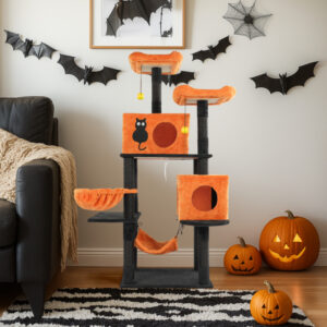 Halloween Cat Tree, Large Cat Tower With 2 Spacious Cat Condos, 2 Padded Perches, 2 Hammocks, Scratching Posts, Hanging Toy, Multi-Level Cat Activities Furniture For Large Cats, Orange & Black - Image 3