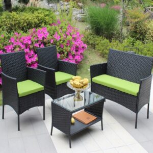 4PC Rattan Patio Furniture Set Outdoor Wicker Sofa W  Green Cushions - Image 1