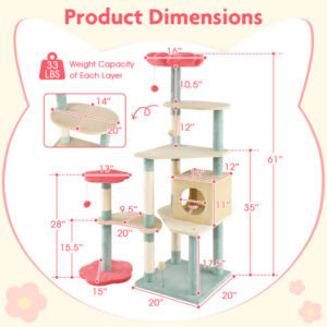 61 Inch Multi-Level Aesthetic Floral Kitten Tower With Flower-Shaped Padded Perch - Image 10