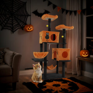 Halloween Cat Tree, Large Cat Tower With 2 Spacious Cat Condos, 2 Padded Perches, 2 Hammocks, Scratching Posts, Hanging Toy, Multi-Level Cat Activities Furniture For Large Cats, Orange & Black - Image 9