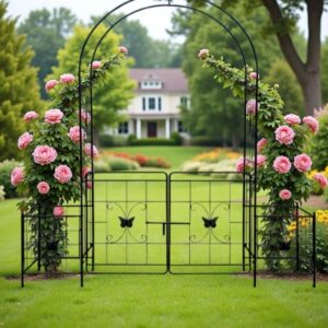 Garden Arch Arbor Trellis For Climbing Plants With Gate, Durable Metal Garden Arch Outdoor Wedding Arch, For Wedding Ceremony Party Plant Climbing Rose Vines Lawn Courtyard Patio Black, 7.15ft - Image 1