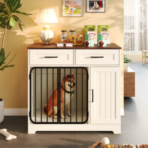 GO 37.4 Dog Crate Furniture, Indoor Dog Kennel With 2 Drawers And Storage Cabinet, Modern Furniture Dog Crate Side End Table For Small Medium Dogs, White - Image 8
