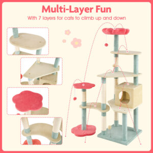 61 Inch Multi-Level Aesthetic Floral Kitten Tower With Flower-Shaped Padded Perch - Image 6