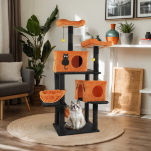 Halloween Cat Tree, Large Cat Tower With 2 Spacious Cat Condos, 2 Padded Perches, 2 Hammocks, Scratching Posts, Hanging Toy, Multi-Level Cat Activities Furniture For Large Cats, Orange & Black - Image 1